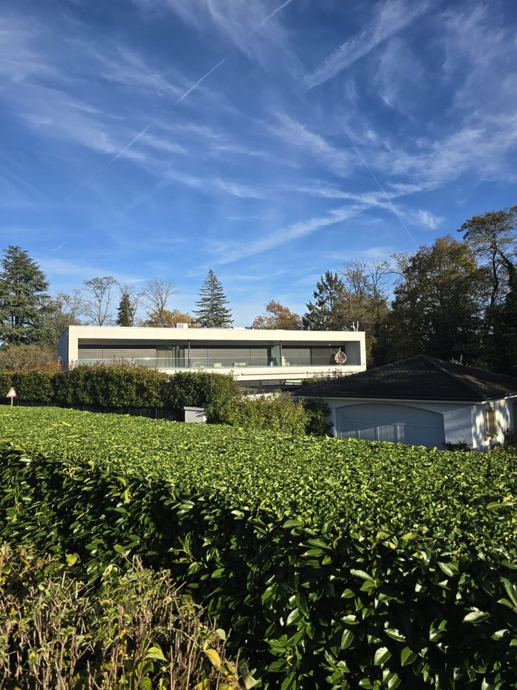 Haie de laurier taillée bien droite devant une maison
