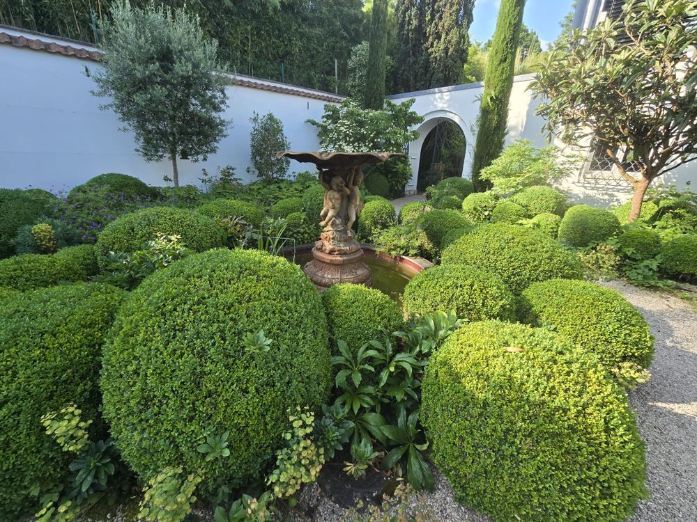 Jardin de buis taillés en boules devant une maison